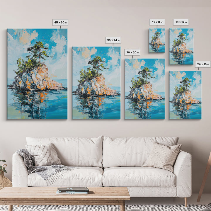 Rocky Island, Nature Painting, Canvas Print, Coastal Landscape Art, Ocean Wall Art, Nautical Decor, Living Room Art, Gift Idea