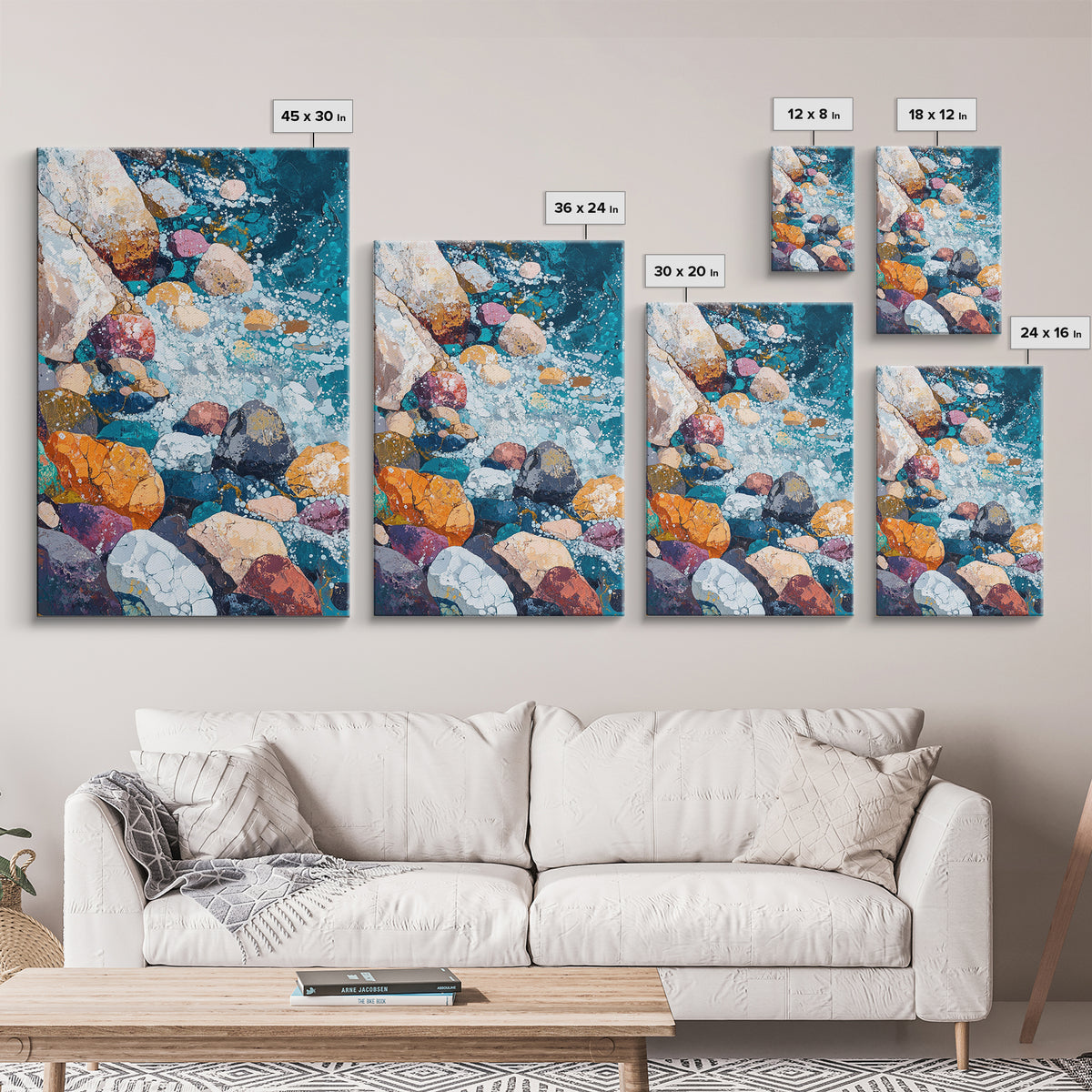 Pebble Beach, Ocean Painting, Canvas Print, Coastal Wall Art, Nautical Decor, Whimsical Art, Abstract Nature Art, Gift Idea