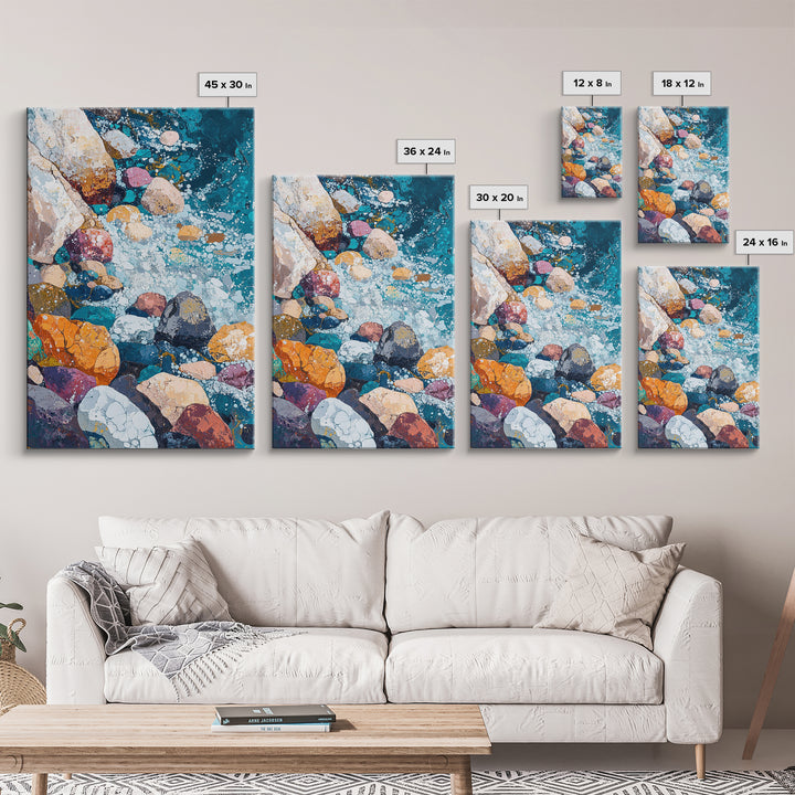 Pebble Beach, Ocean Painting, Canvas Print, Coastal Wall Art, Nautical Decor, Whimsical Art, Abstract Nature Art, Gift Idea