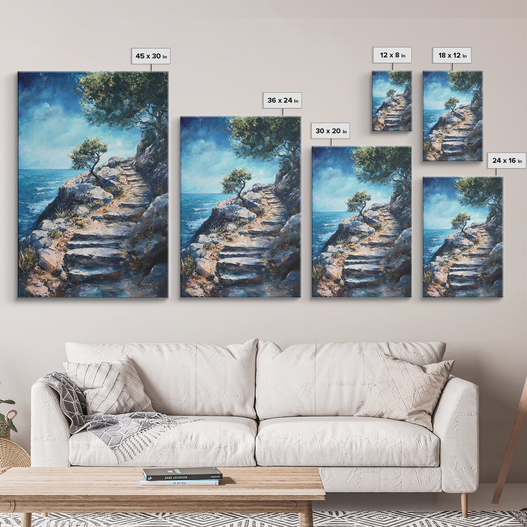 Rocky Path, Seaside Painting, Canvas Print, Coastal Landscape Art, Nautical Wall Art, Rustic Art, Above Bed Wall Art, Gift Idea