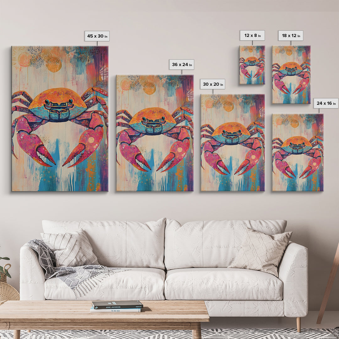 Vibrant Crab Art, Coastal Cowgirl Wall Decor, Nautical Painting, Ocean Wall Art, Beach House Decor, Canvas Print, Kitchen Wall Art