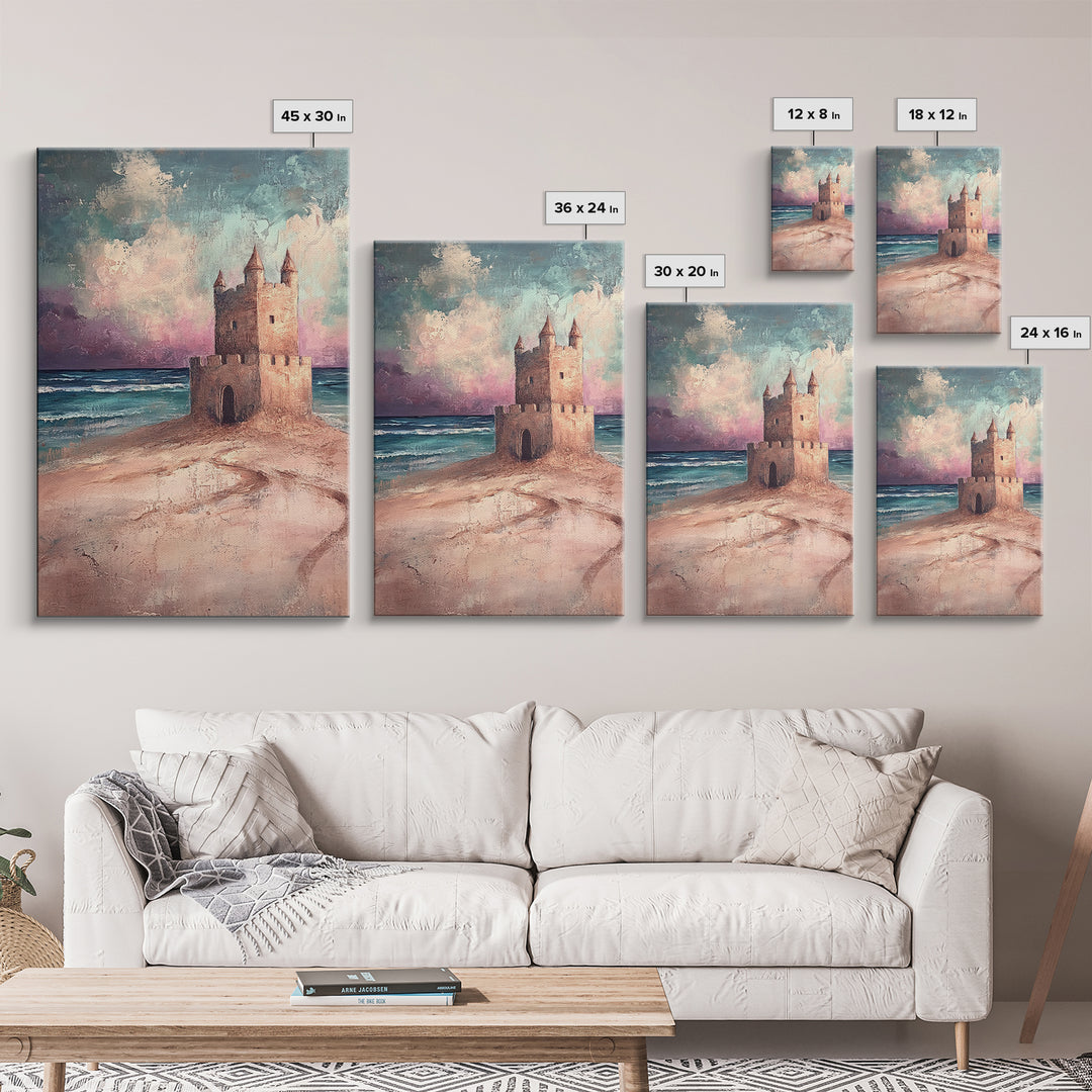 Fantasy Castle Framed Canvas Print Dreamy Coastal Art, Whimsical Beach Painting, Living Room Wall Decor, Pastel Ocean Landscape