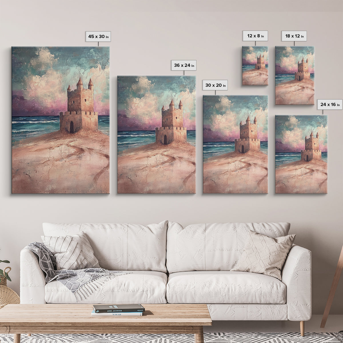 Fantasy Castle Framed Canvas Print Dreamy Coastal Art, Whimsical Beach Painting, Living Room Wall Decor, Pastel Ocean Landscape