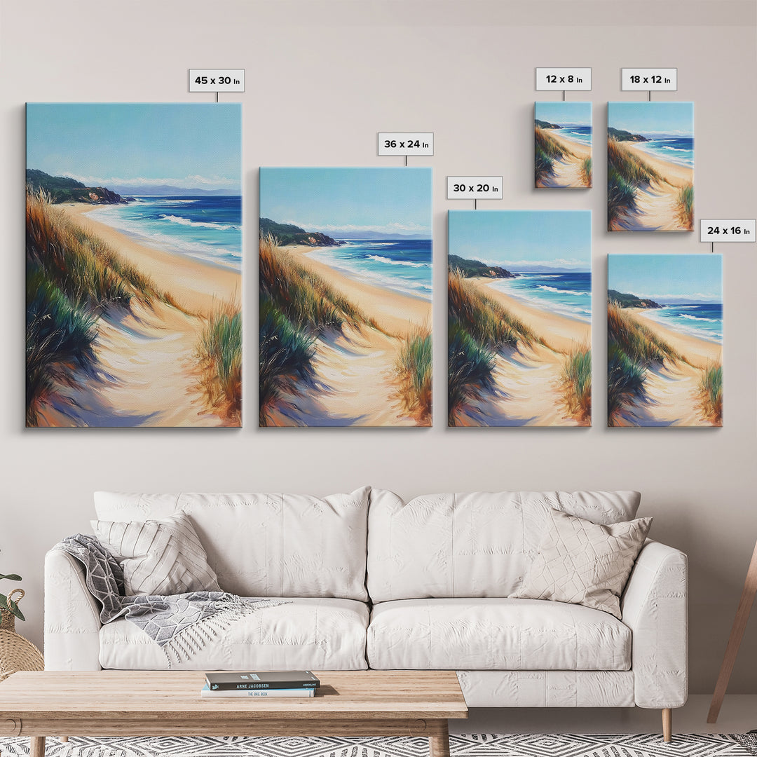Coastal Sand Dunes Framed Canvas Print Serene Beach Painting, Ocean Landscape Wall Art, Relaxing Bedroom Decor, Nautical Home Style