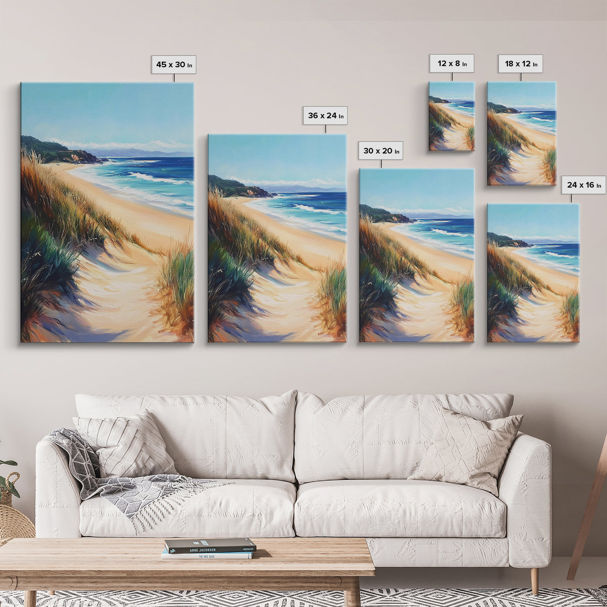 Coastal Sand Dunes Framed Canvas Print Serene Beach Painting, Ocean Landscape Wall Art, Relaxing Bedroom Decor, Nautical Home Style