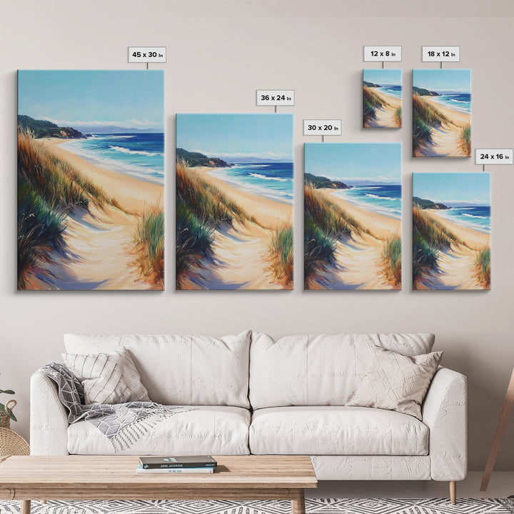 Coastal Sand Dunes Framed Canvas Print Serene Beach Painting, Ocean Landscape Wall Art, Relaxing Bedroom Decor, Nautical Home Style