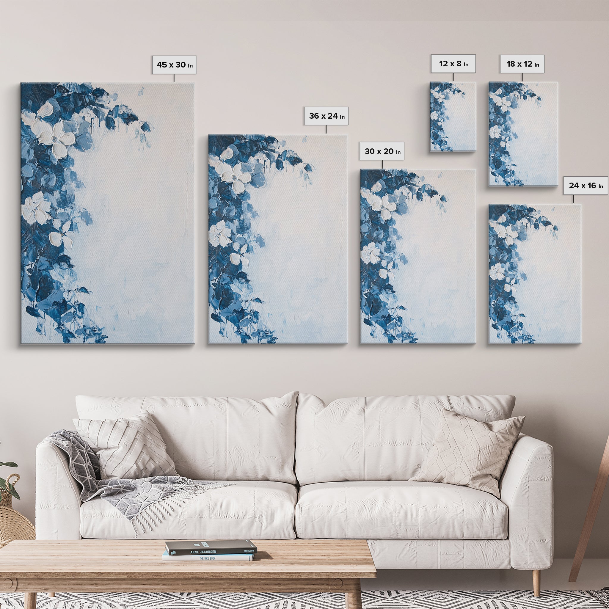Blue Floral Framed Canvas Print Modern Botanical Wall Art, Minimalist Flower Painting, Elegant Bedroom Decor, Contemporary Art Gift
