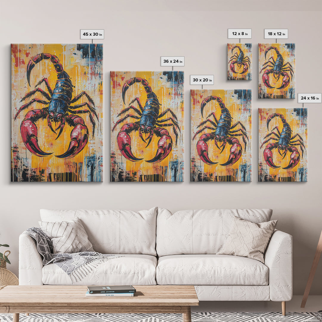 Bold Scorpion Framed Canvas Print Fierce Animal Wall Art, Yellow and Red Painting, Statement Office Decor, Wildlife Art Lovers Gift