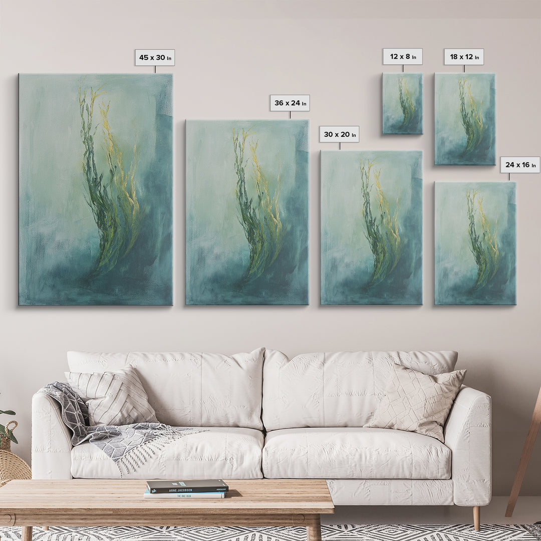 Abstract Seaweed Framed Canvas Print Minimalist Ocean Art, Coastal Botanical Wall Decor, Blue Green Seaside Painting, Serene Home Style