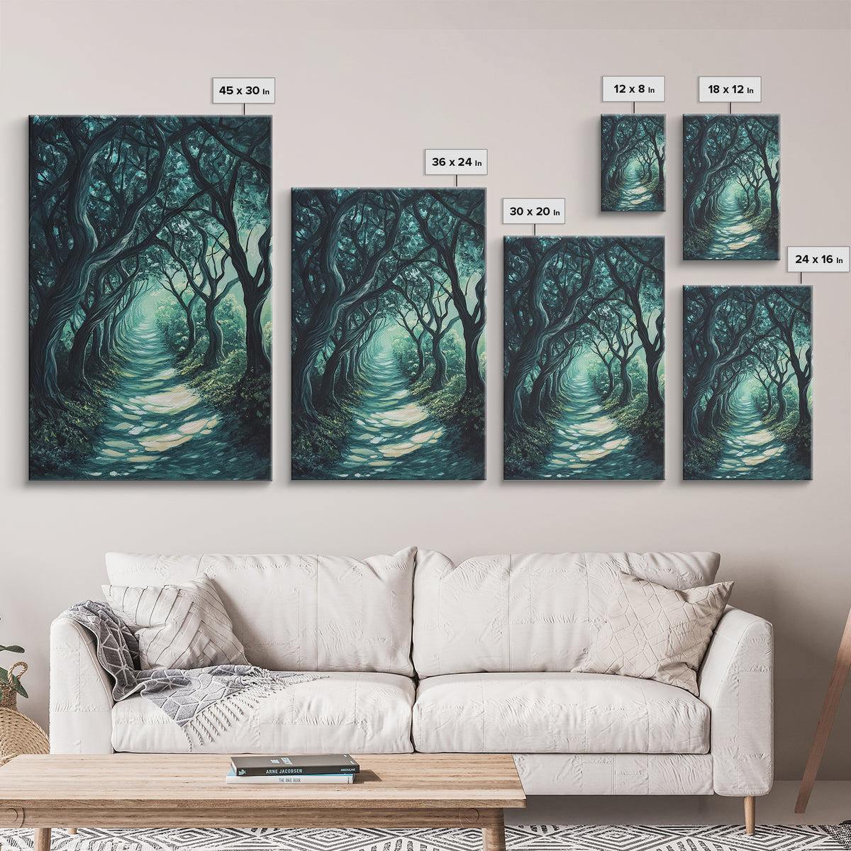 Mystical Tree Tunnel Framed Canvas Print Enchanted Forest Art, Fantasy Landscape, Dark Green Nature Decor, Living Room Wall Art