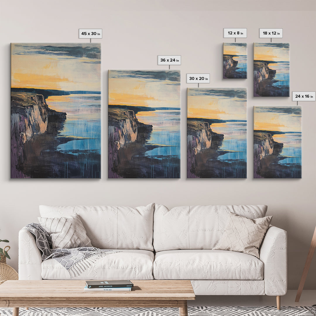 Dramatic Cliff Sunset Canvas Print Coastal Landscape Wall Art, Ocean Sunset Painting, Modern Beach Decor, Bedroom Aesthetic