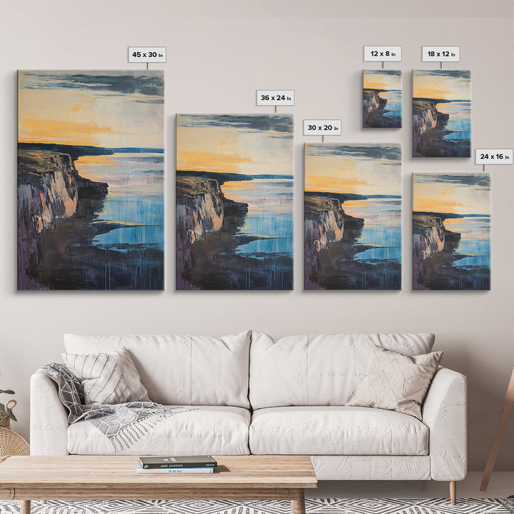 Dramatic Cliff Sunset Canvas Print Coastal Landscape Wall Art, Ocean Sunset Painting, Modern Beach Decor, Bedroom Aesthetic