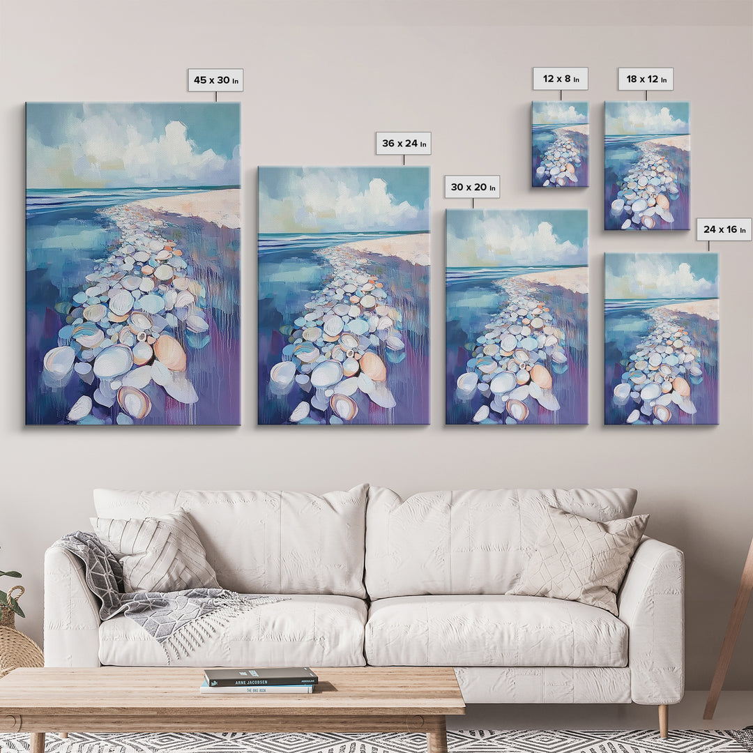 Coastal Shell Path Framed Canvas Print Beach House Decor, Nautical Ocean Art, Seaside Aesthetic, Living Room Coastal Wall Art