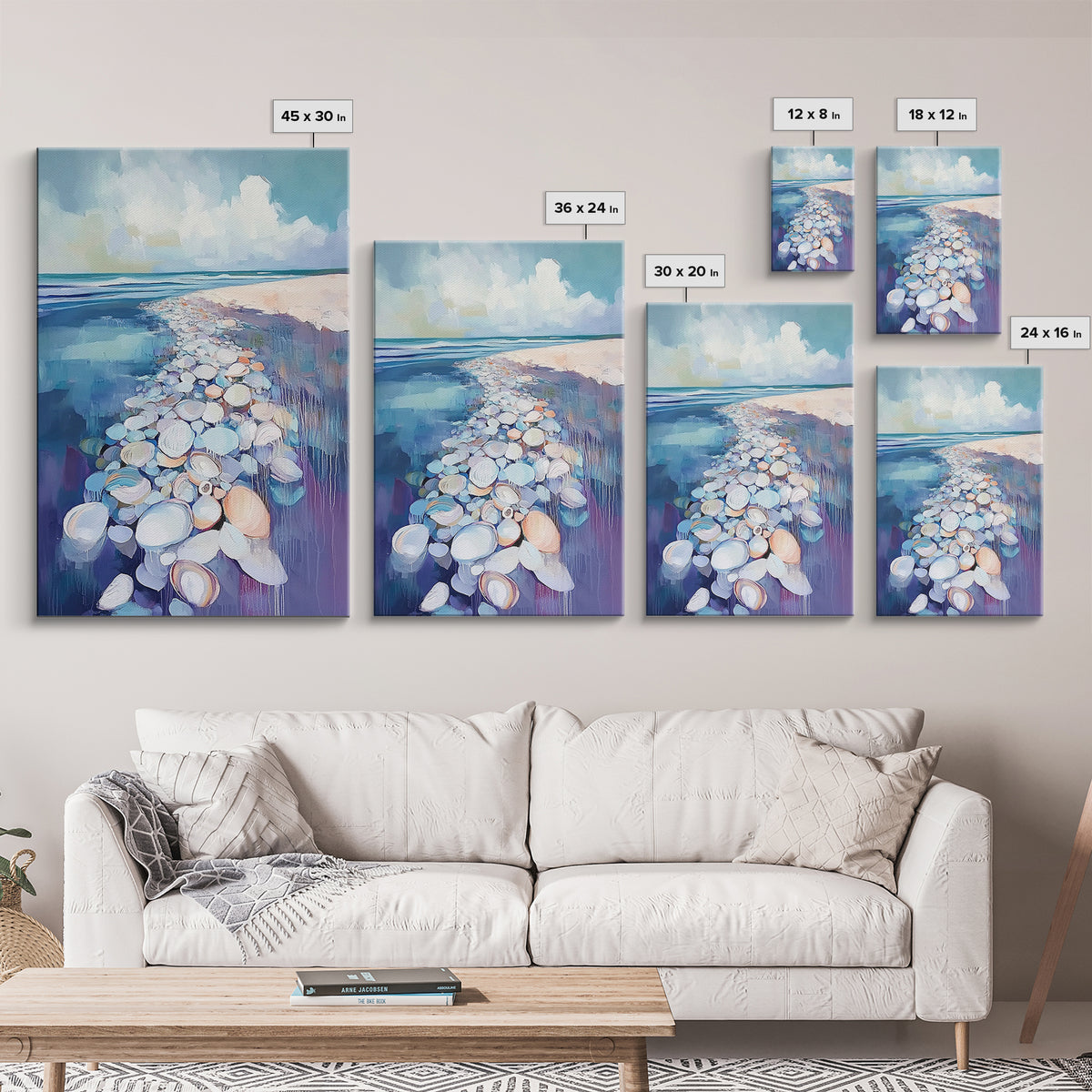 Coastal Shell Path Framed Canvas Print Beach House Decor, Nautical Ocean Art, Seaside Aesthetic, Living Room Coastal Wall Art