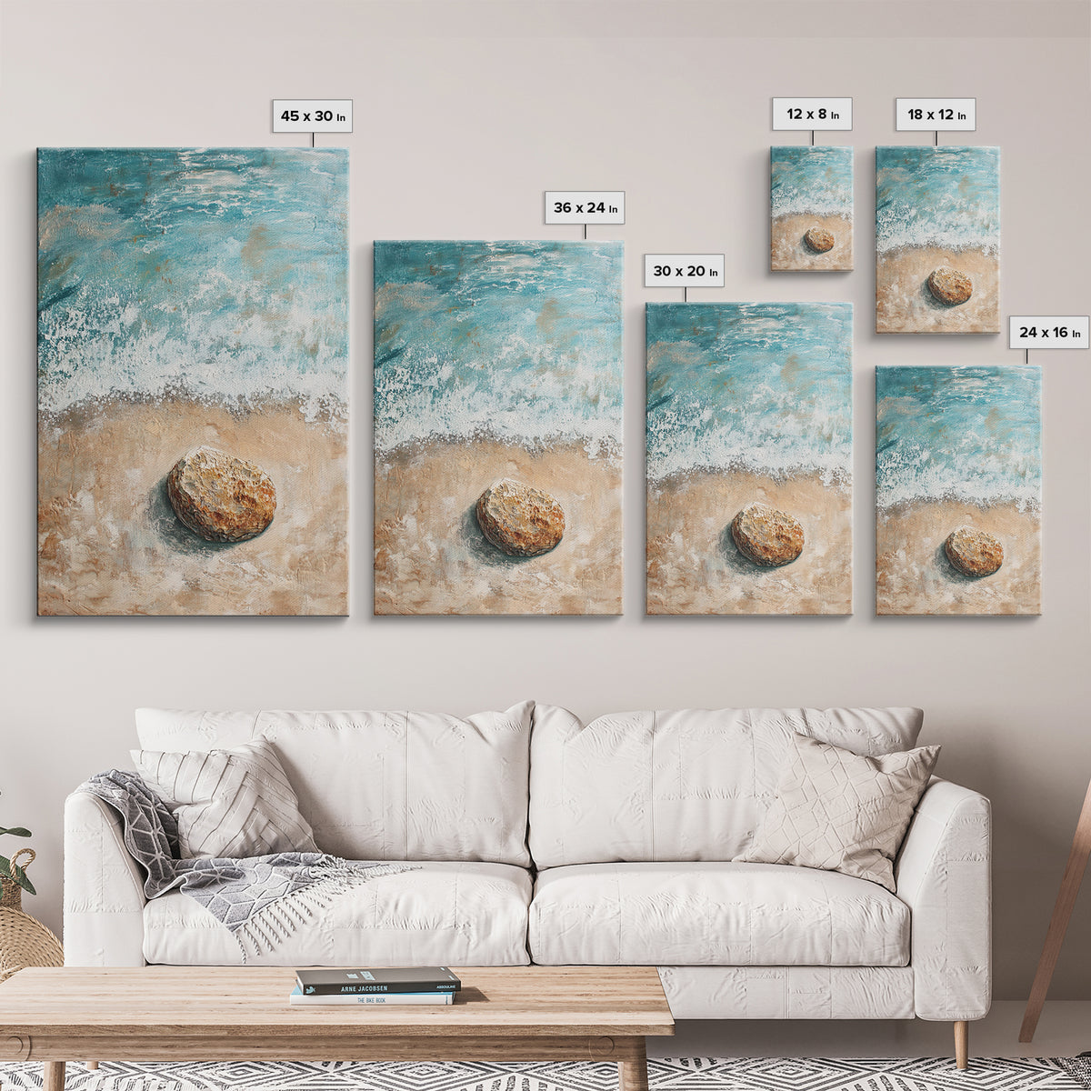 Serene Beach Stone Canvas Print Tranquil Ocean Art, Coastal Zen Wall Decor, Relaxing Beach House Style, Minimalist Seascape Painting