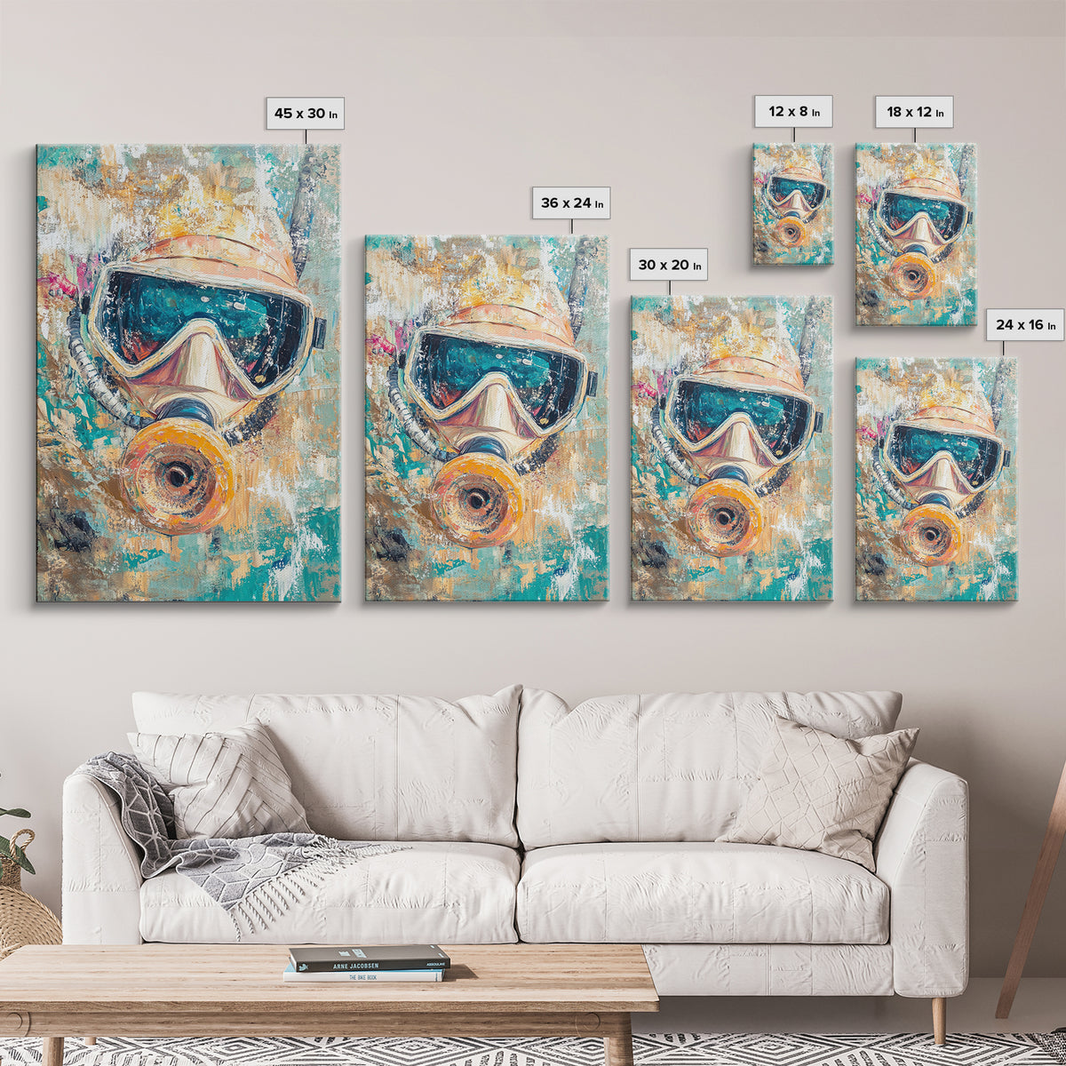 Diver Mask Artwork Canvas Print Scuba Diving Art, Nautical Wall Decor, Ocean Explorer Painting, Coastal Adventure Wall Art