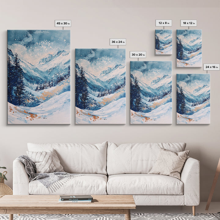 Blue Winter Wonderland Canvas Print Snowy Mountain Art, Nordic Landscape Painting, Ski Lodge Wall Decor, Christmas Holiday Artwork