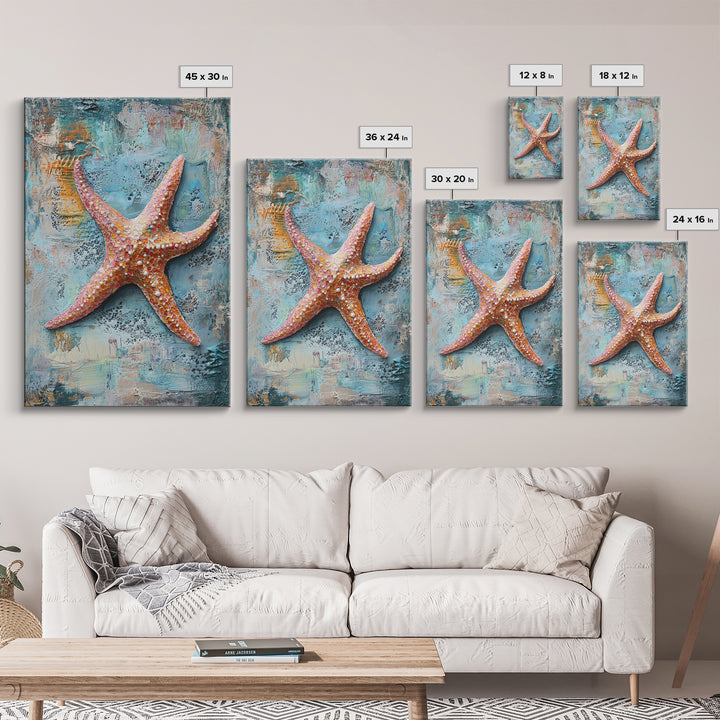 Starfish Texture Coastal Canvas Print, Beach House Decor, Ocean Wall Art, Nautical Artwork, Textured Beach Art, Coastal Living Room Art