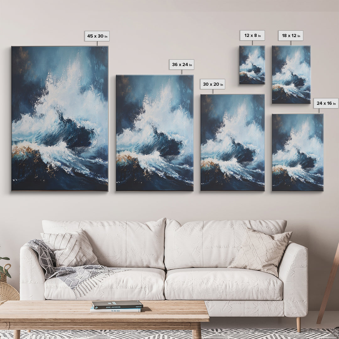 Ocean Wave Power Framed Canvas Print, Coastal Wall Art, Abstract Seascape Painting, Nautical Decor, Beach House Art, Modern Ocean Art