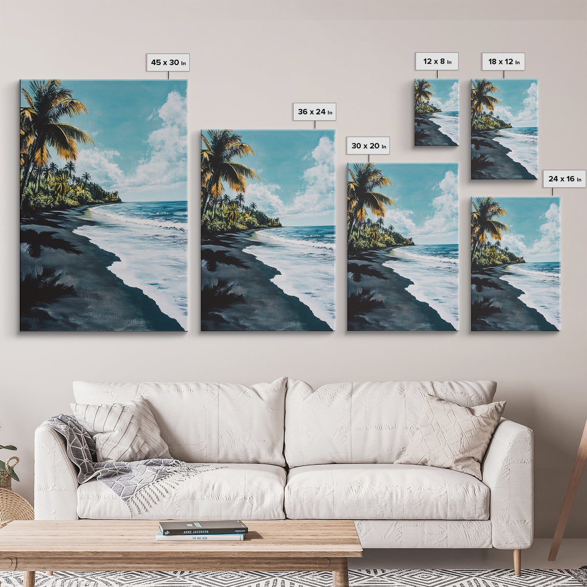 Black Sand Beach, Hawaii Art, Palm Tree Painting, Coastal Wall Art, Nautical Decor, Living Room Art, Canvas Print, Gift Idea