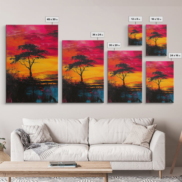 African Sunset Framed Canvas Print | Savanna Landscape Painting | Tree Silhouette Wall Art | Warm Sunset Decor | Rustic Home Art