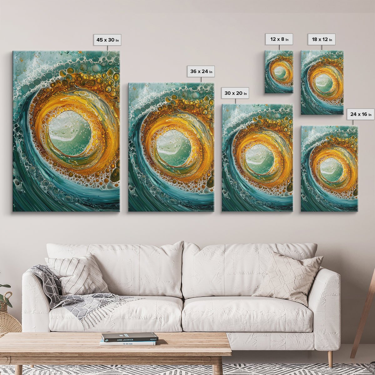 Ocean Wave Swirl Canvas Print | Abstract Beach Wall Art | Turquoise Gold Painting | Coastal Home Decor | Surfer Wall Art