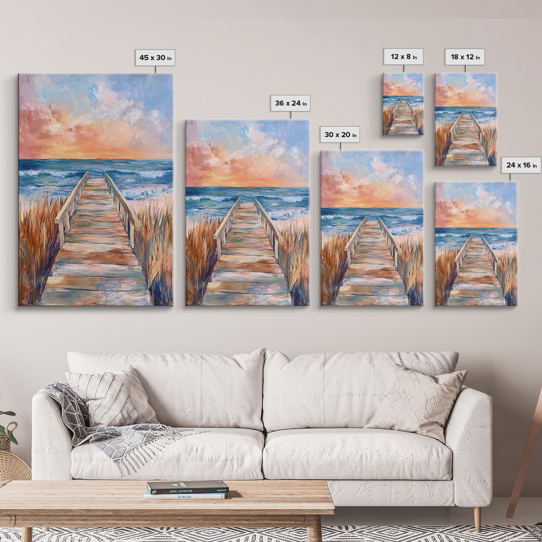 Coastal Sunset, Beach Boardwalk, Seascape Painting, Nautical Wall Art, Coastal Decor, Living Room Art, Canvas Print, Gift Idea