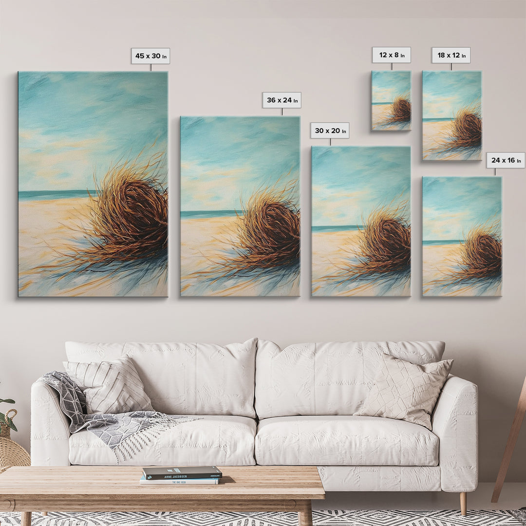 Beach Tumbleweed Painting Framed Canvas Print Coastal Wall Art Ocean Sand Decor Minimalist Art Boho Beach House Wall Accent
