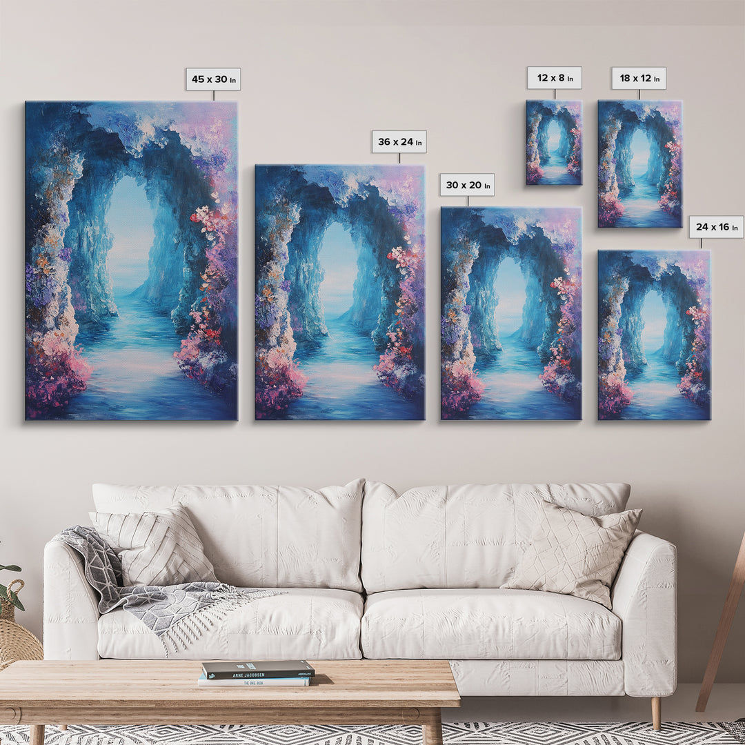 Dreamy Ocean Cave Canvas Print Fantasy Seascape Wall Art Mystical Nature Painting Boho Decor Beach Home Artwork Gift Under 100