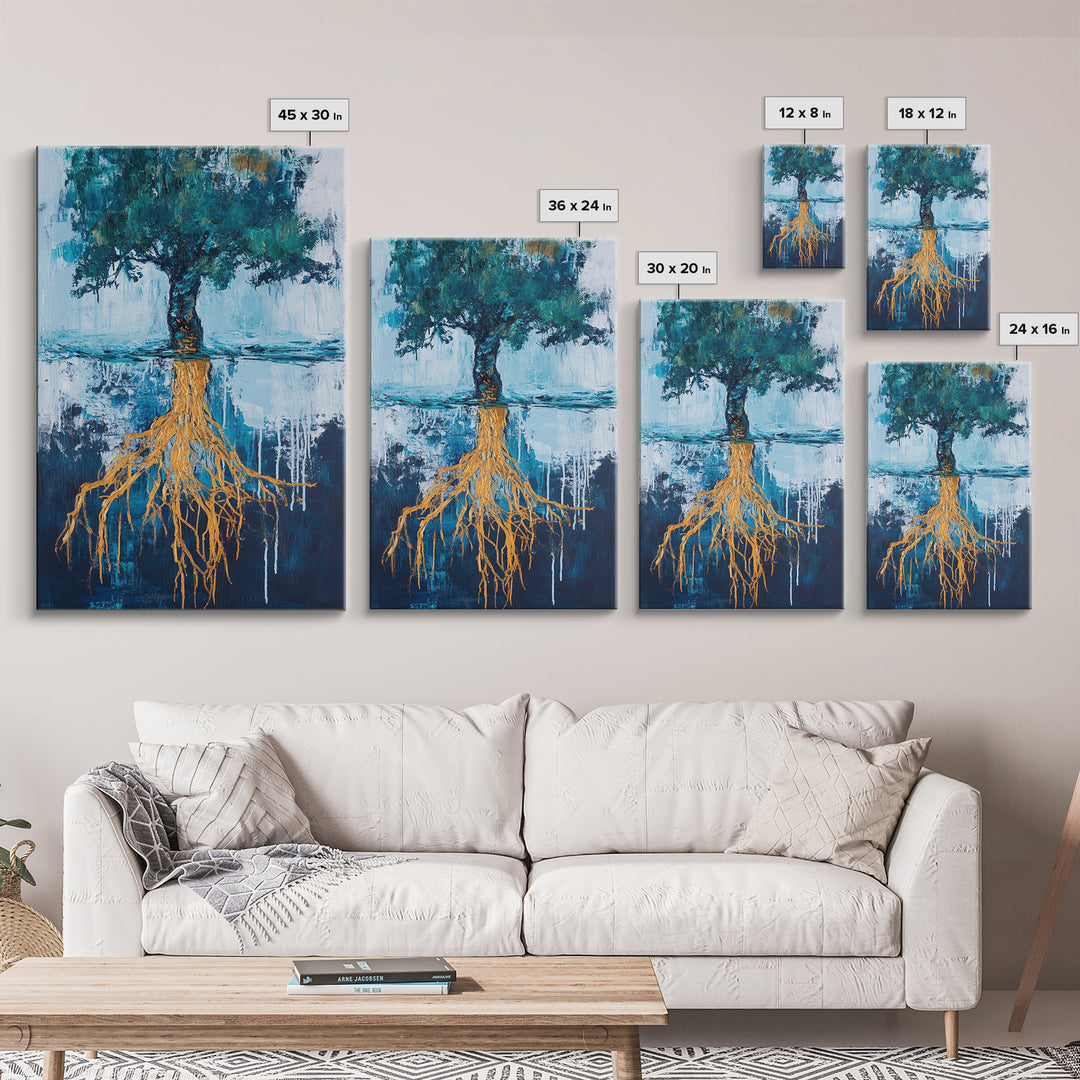 Tree With Golden Roots Canvas Print Surreal Nature Wall Art Abstract Landscape Painting Living Room Decor Earth Tones Artwork
