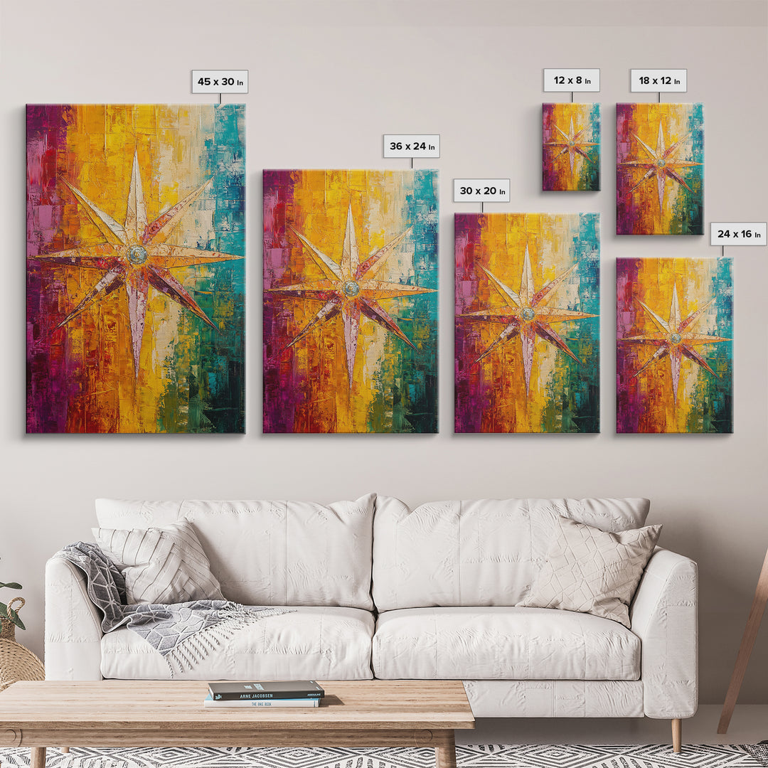 Compass Star Canvas Print Rustic Nautical Wall Art Adventure Decor Travel Lovers Gift Vibrant Abstract Living Room Artwork