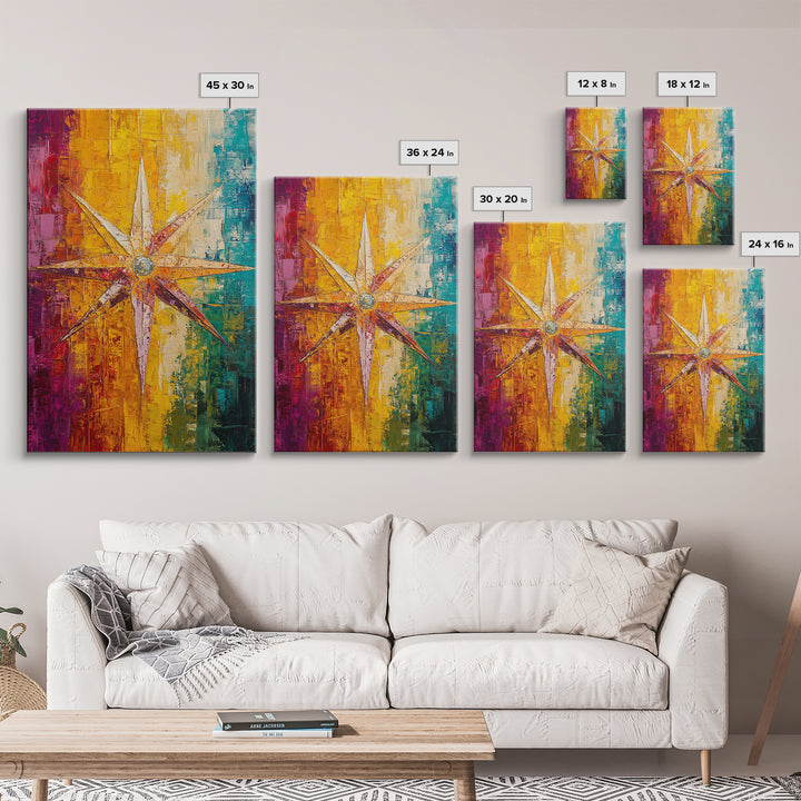 Compass Star Canvas Print Rustic Nautical Wall Art Adventure Decor Travel Lovers Gift Vibrant Abstract Living Room Artwork