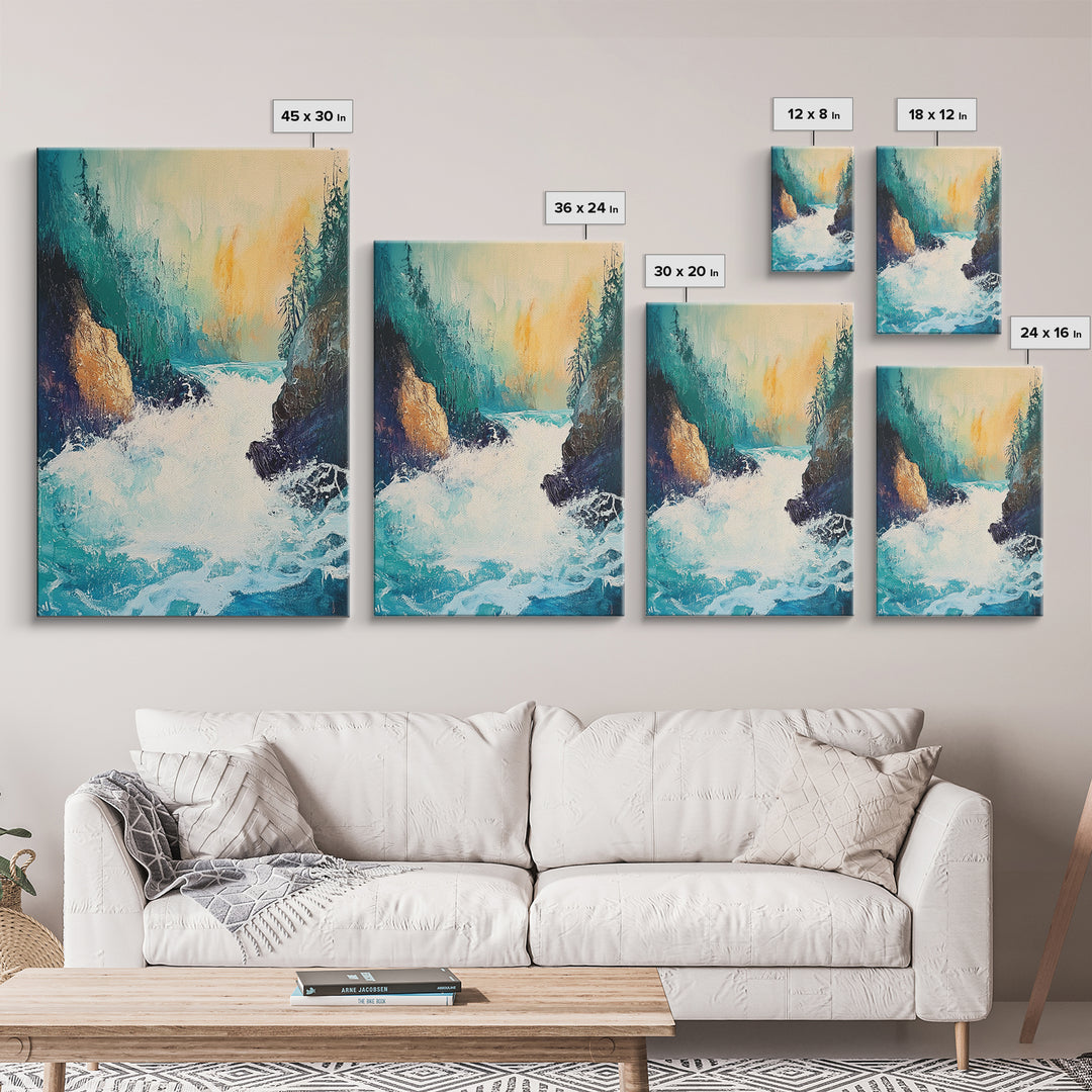 Rushing Waterfall Framed Canvas Print Nature Landscape Wall Art, Wilderness River Painting, Cabin Art, Mountain Stream Artwork