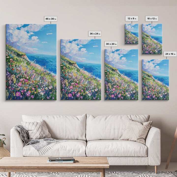 Ocean Cliffside Flowers Framed Canvas Print Coastal Landscape Wall Art, Wildflower Meadow Painting, Beach House Art, Seaside Decor