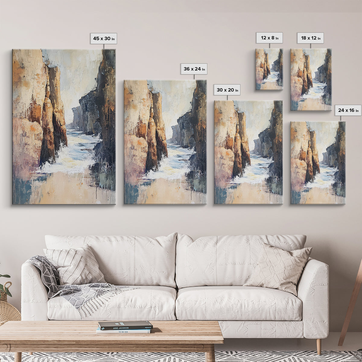 Canyon Coastal Waves Framed Canvas Print Dramatic Landscape Wall Art, Nature Painting, Rustic Western Art, Ocean Cliffs Artwork