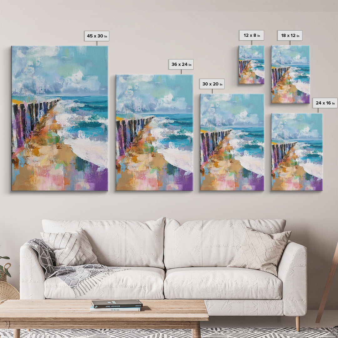 Ocean Pier, Coastal Landscape Art, Seascape Painting, Nautical Decor, Beach Wall Art, Living Room Art, Canvas Print, Gift Idea