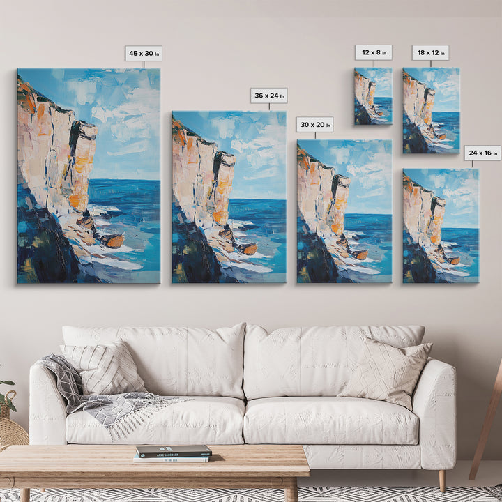 Coastal Cliff Art Framed Canvas Print | Beach Wall Decor | Ocean Landscape Painting | Seaside Home Art | Nautical Wall Art