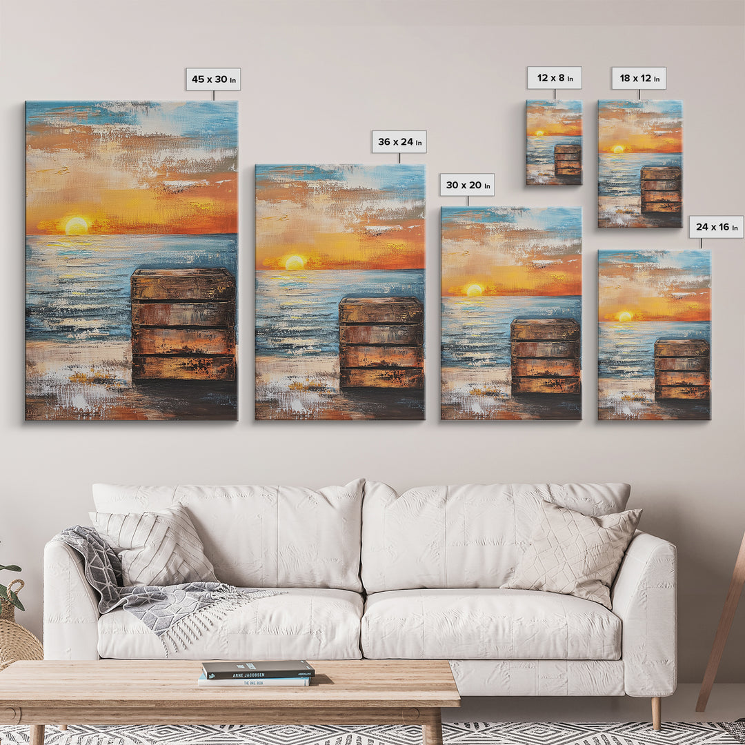 Sunset Over Ocean Canvas Print | Serene Seascape Painting | Coastal Home Decor | Beach House Wall Art | Nautical Artwork