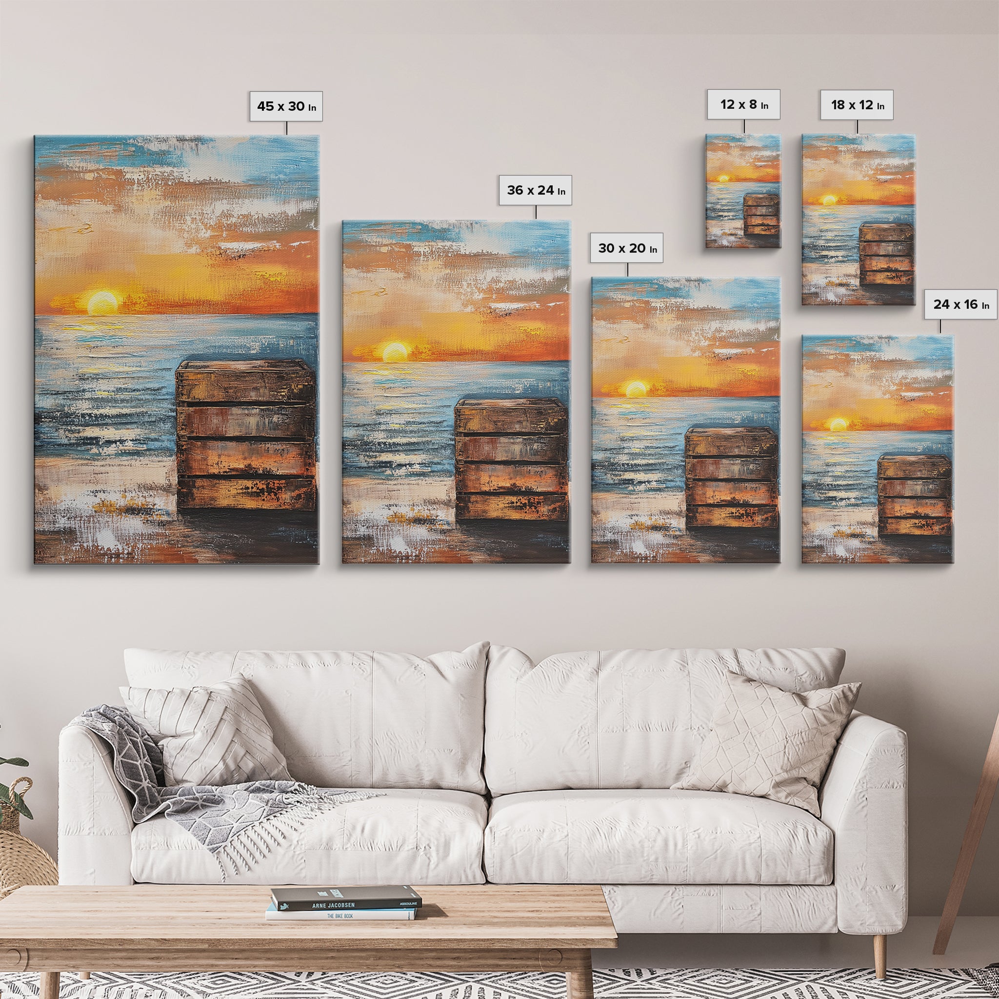Sunset Over Ocean Canvas Print | Serene Seascape Painting | Coastal Home Decor | Beach House Wall Art | Nautical Artwork