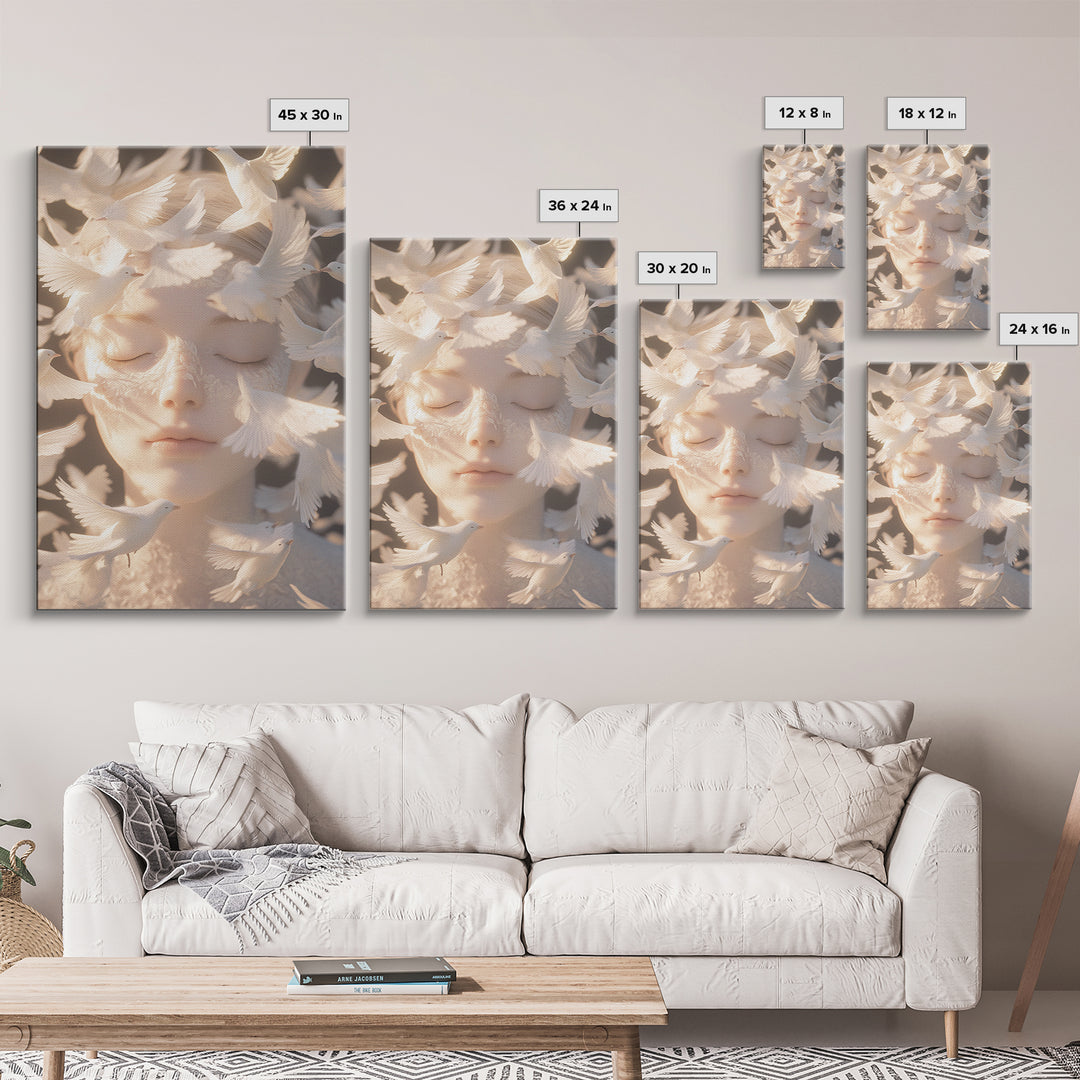 Ethereal White Dove Art Framed Canvas Print - Surreal Dreamy Wall Art, Minimalist Angelic Decor, Bedroom Meditation Art, Boho Aesthetic