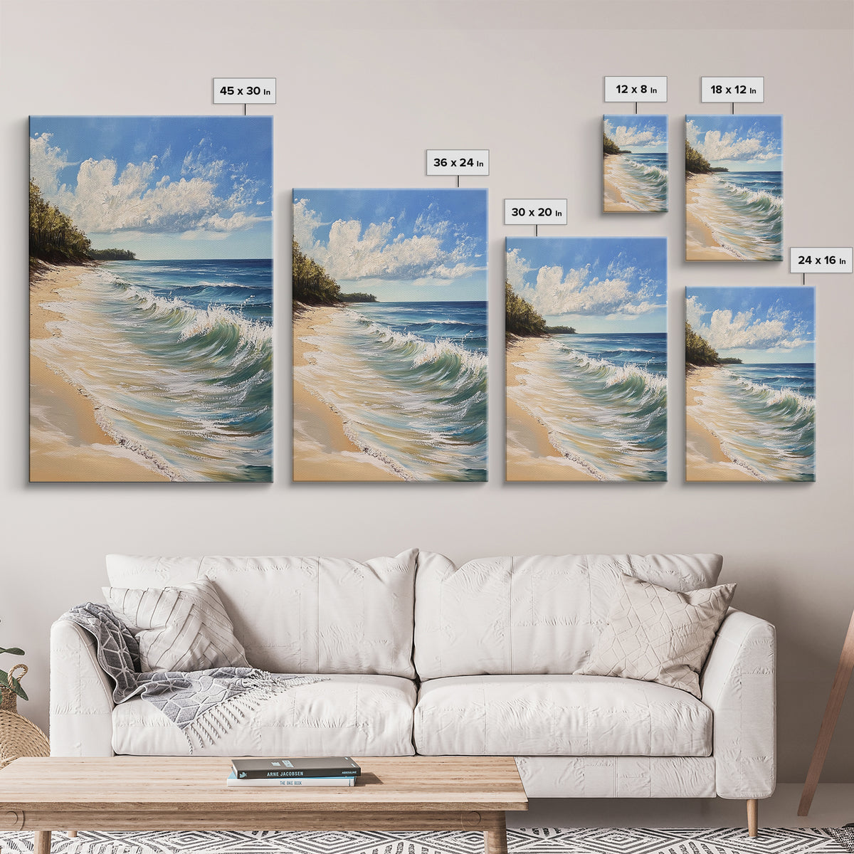 Beach Waves, Coastal Landscape Art, Nautical Wall Art, Above Bed Wall Art, Nautical Decor, Extra Wide Art, Framed Canvas Print