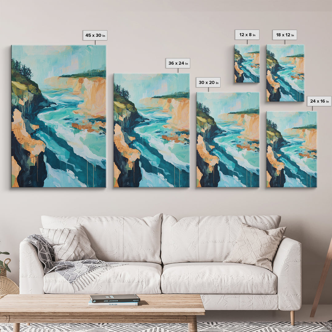 Coastal Cliffs, Nautical Painting, Seascape Painting, Rustic Decor, Extra Wide Art, Above Bed Wall Art, Framed Canvas Print