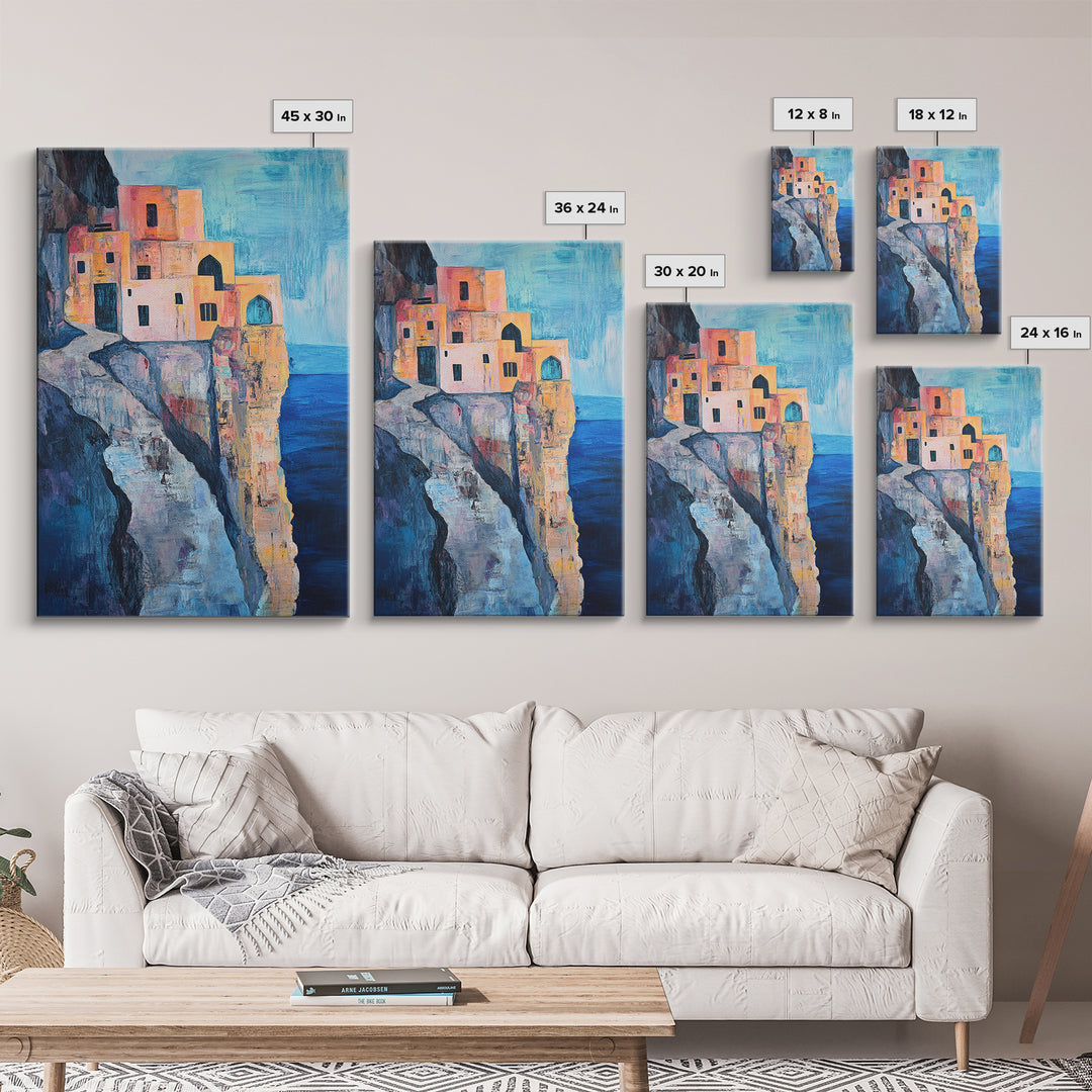 Cliffside Village, Mediterranean Art, Coastal Wall Art, Seascape Painting, Boho Art, Rustic Wall Art, Framed Canvas Print