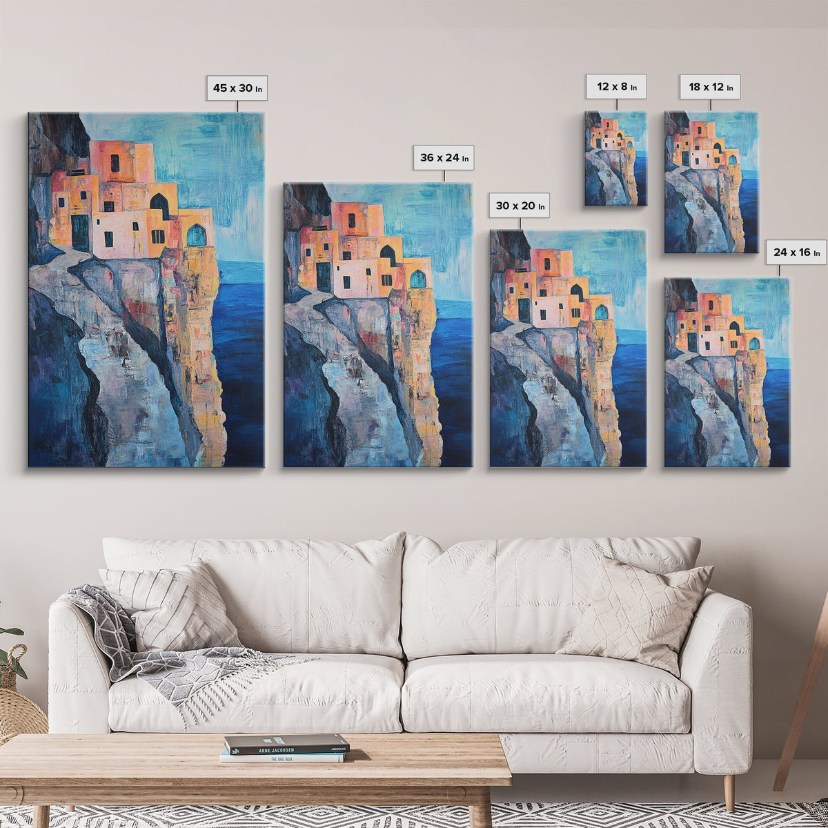 Cliffside Village, Mediterranean Art, Coastal Wall Art, Seascape Painting, Boho Art, Rustic Wall Art, Framed Canvas Print