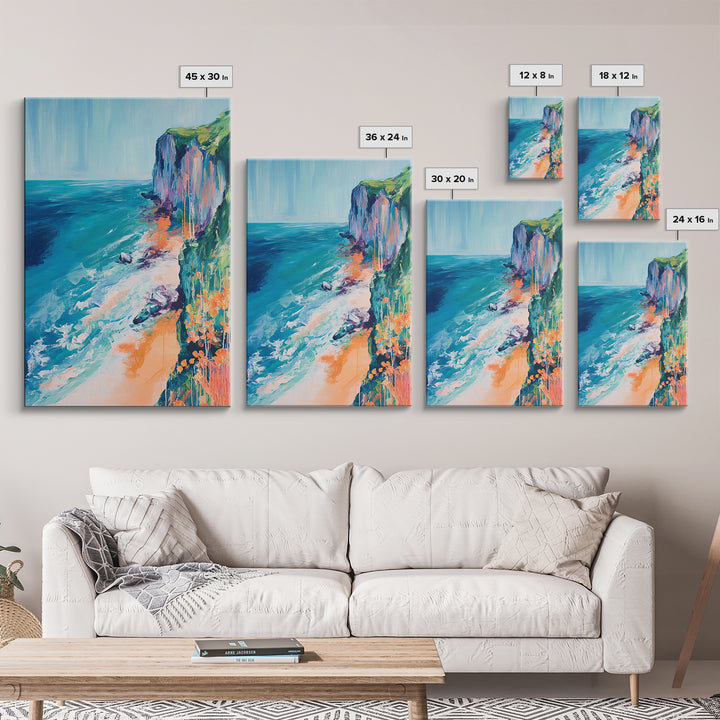 Ocean Cliffs, Coastal Decor, Nautical Wall Art, Landscape Painting, Seascape Painting, California Poppy Art, Canvas Print