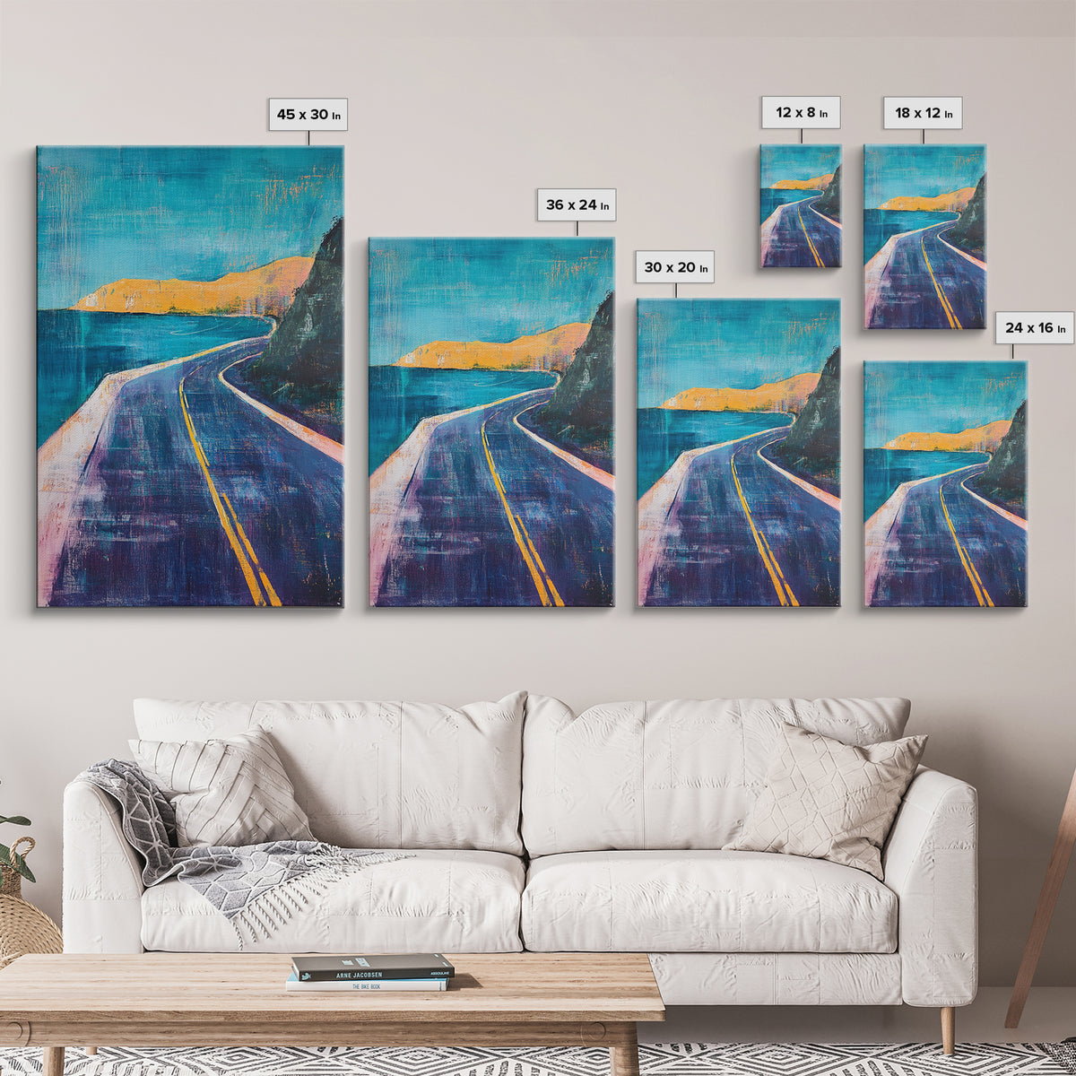 Coastal Highway, surf wall art, coastal decor, scenic road painting, living room art, minimalist art, Framed Canvas Print, gift idea