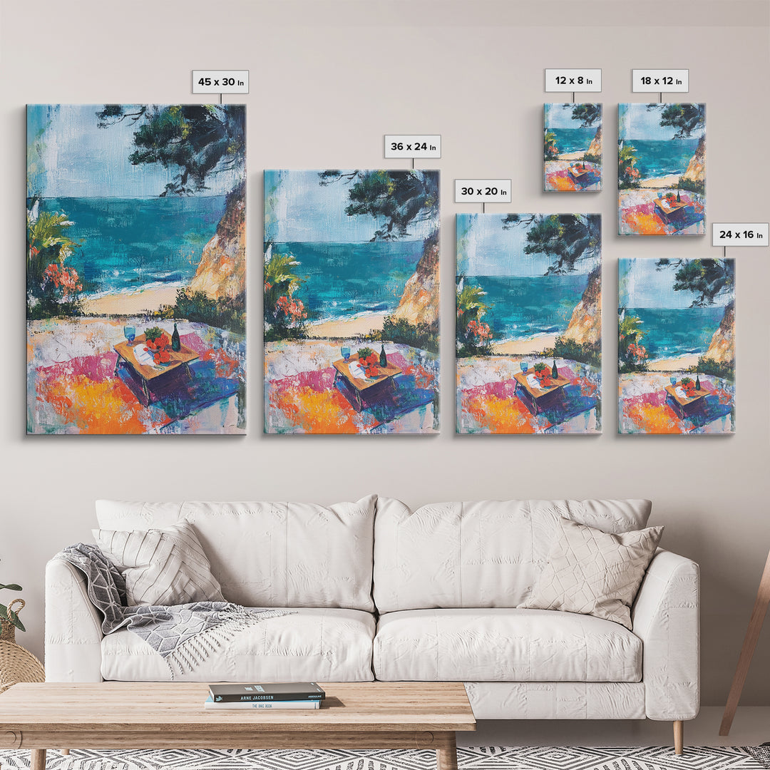 Beach Picnic, coastal cowgirl wall art, nautical decor, food review kitchen art, ocean view, tropical art, Framed Canvas Print, gift idea