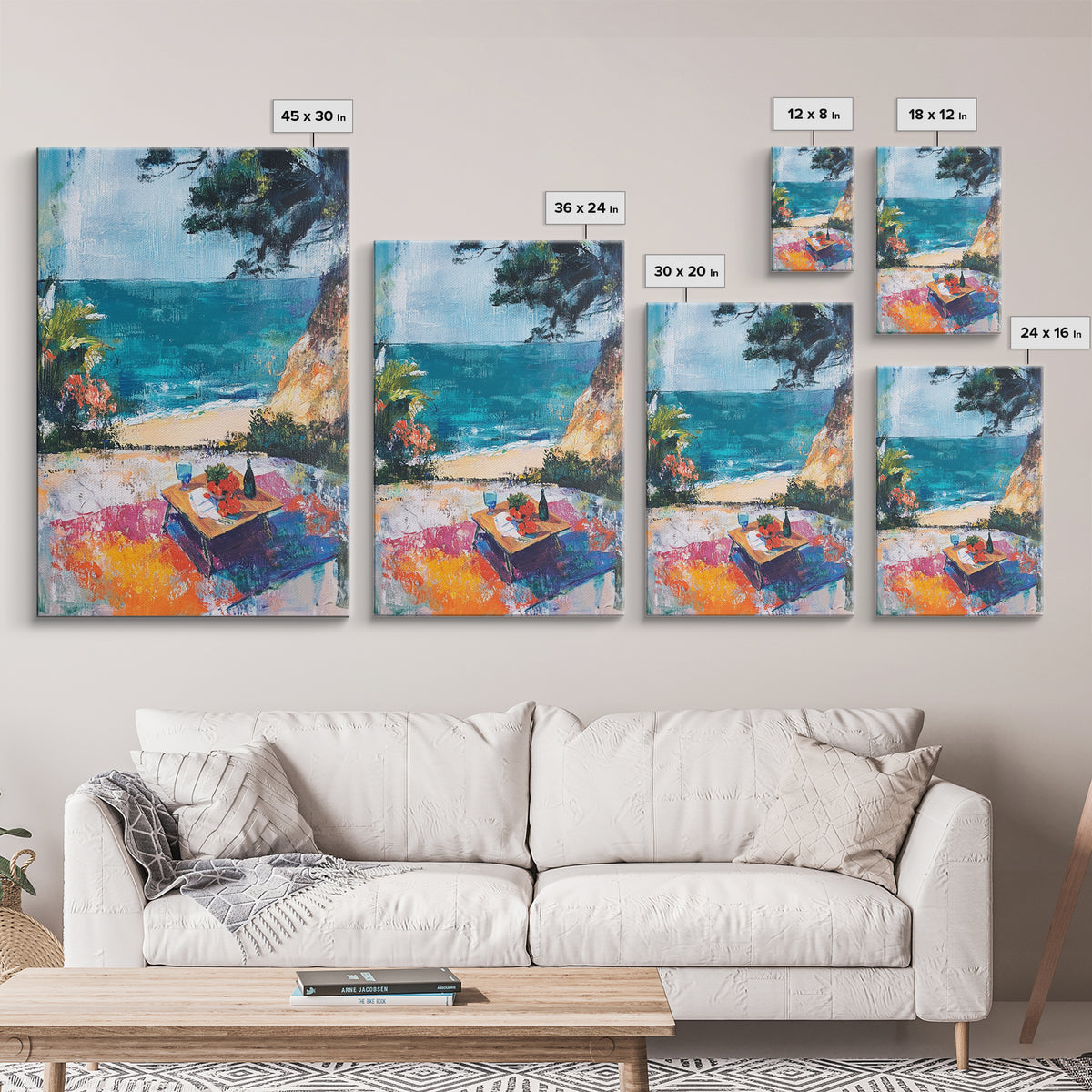 Beach Picnic, coastal cowgirl wall art, nautical decor, food review kitchen art, ocean view, tropical art, Framed Canvas Print, gift idea