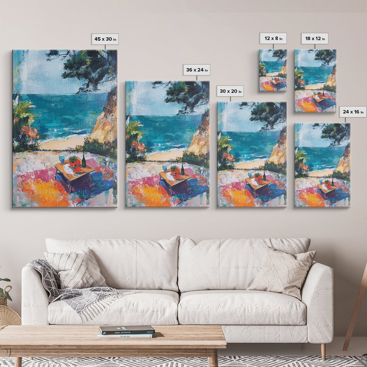 Beach Picnic, coastal cowgirl wall art, nautical decor, food review kitchen art, ocean view, tropical art, Framed Canvas Print, gift idea