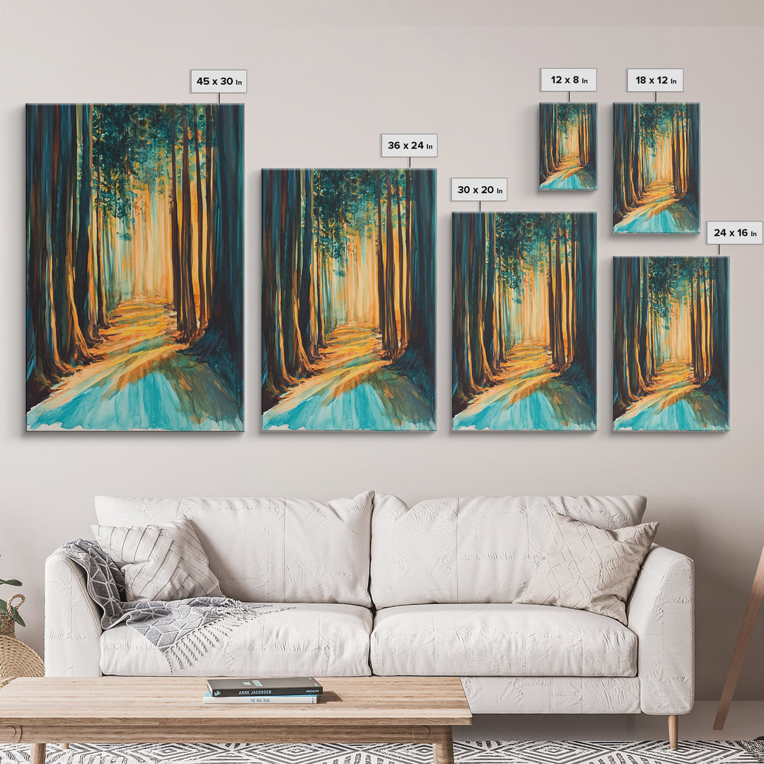 Golden Forest, moody art, pine tree art, wabi sabi wall art, landscape painting, rustic decor, Framed Canvas Print, autumn decor